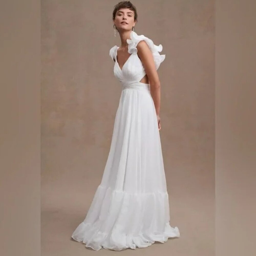 Mac Duggal 67911 Size 4 White Indy Ruffle Tiered Cut-Out Chiffon Gown Maxi Dress - Picture 2 of 6